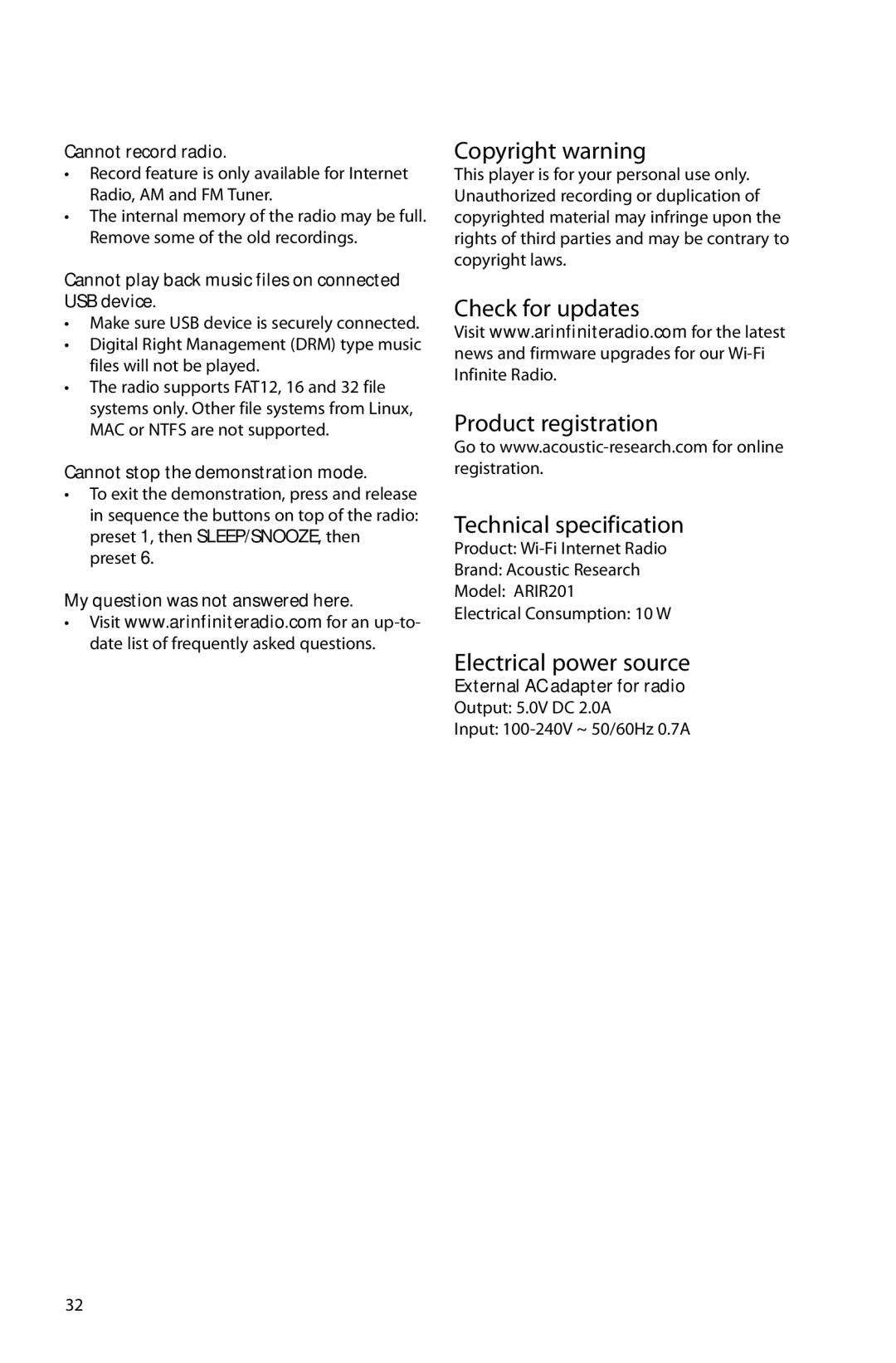 Acoustic Research ARIR201 user manual Copyright warning, Electrical power source 