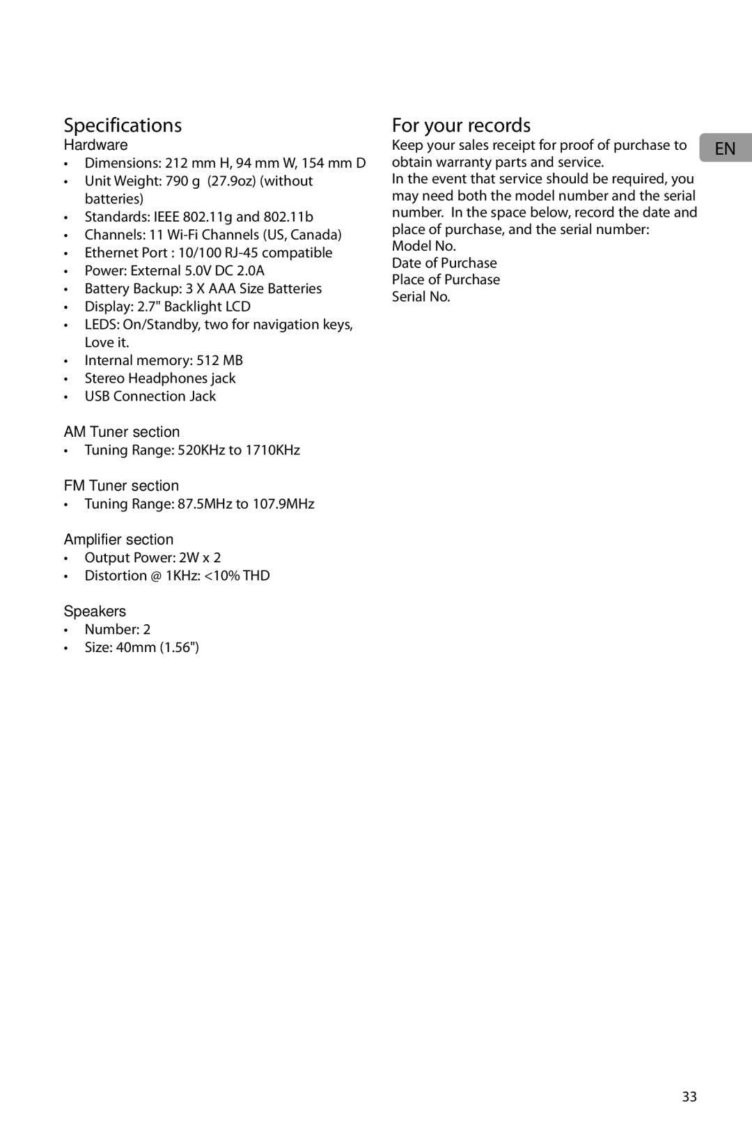 Acoustic Research ARIR201 user manual Specifications, For your records 