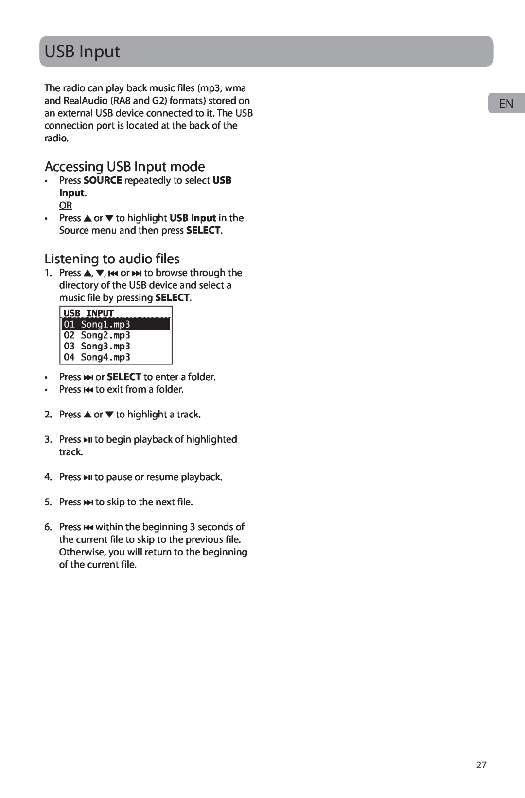 Acoustic Research ARIR201 user manual Accessing USB Input mode, Listening to audio files 