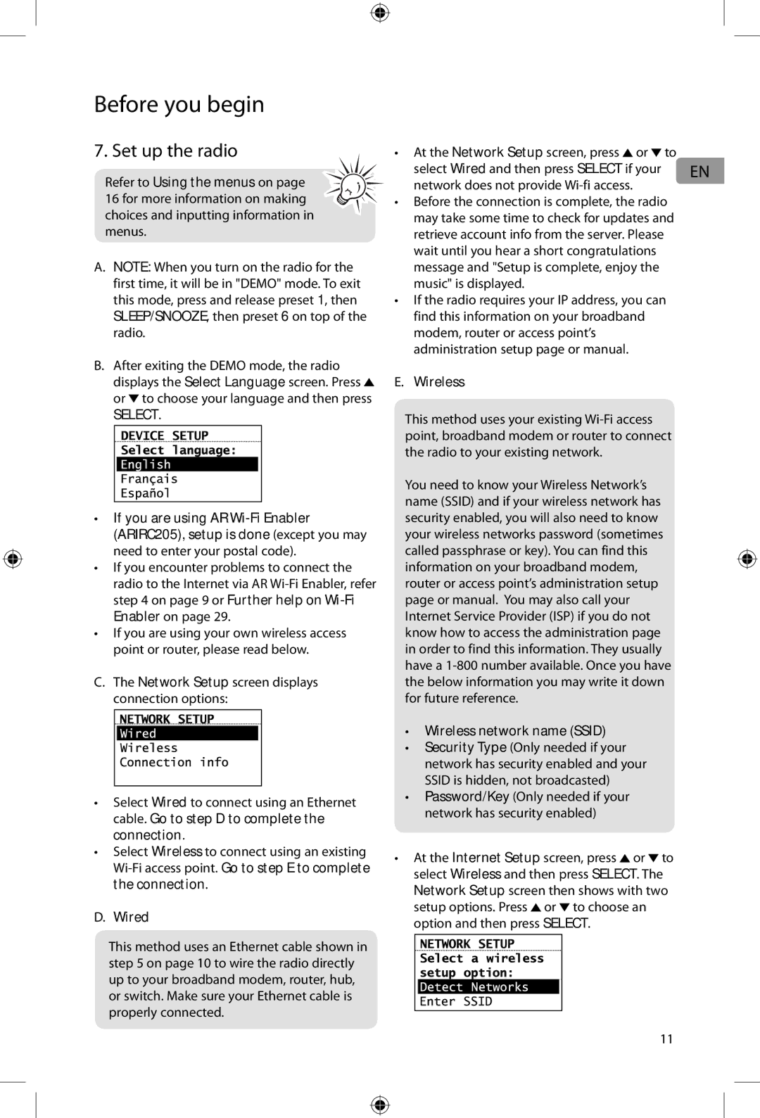 Acoustic Research ARIRC200, ARIRC205 Set up the radio, Network Setup screen displays connection options, Wired, Wireless 