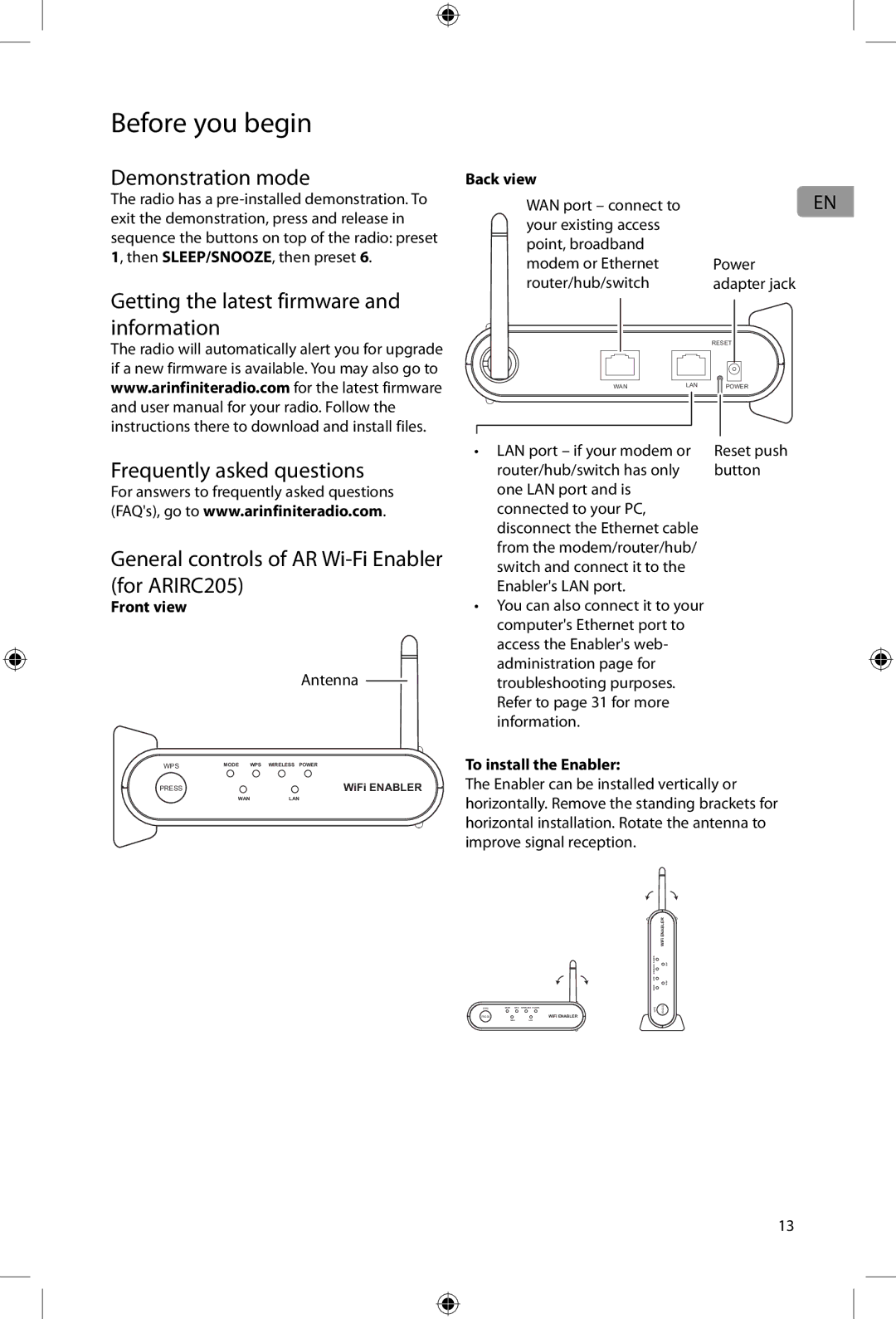 Acoustic Research ARIRC200, ARIRC205 user manual Demonstration mode, Front view Antenna, Back view, To install the Enabler 