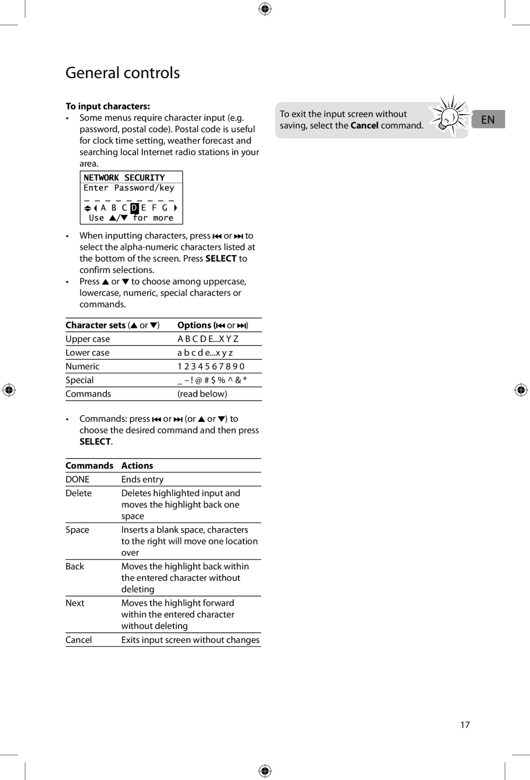 Acoustic Research ARIRC200, ARIRC205 user manual To input characters, Character sets or, Actions 