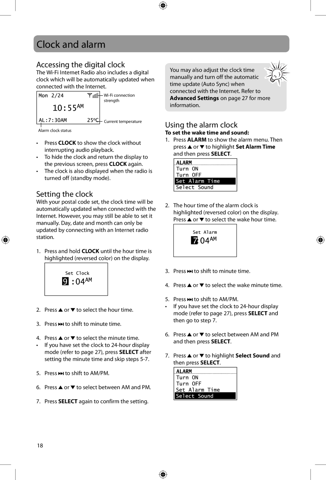 Acoustic Research ARIRC205 Clock and alarm, Accessing the digital clock, Using the alarm clock, Setting the clock 
