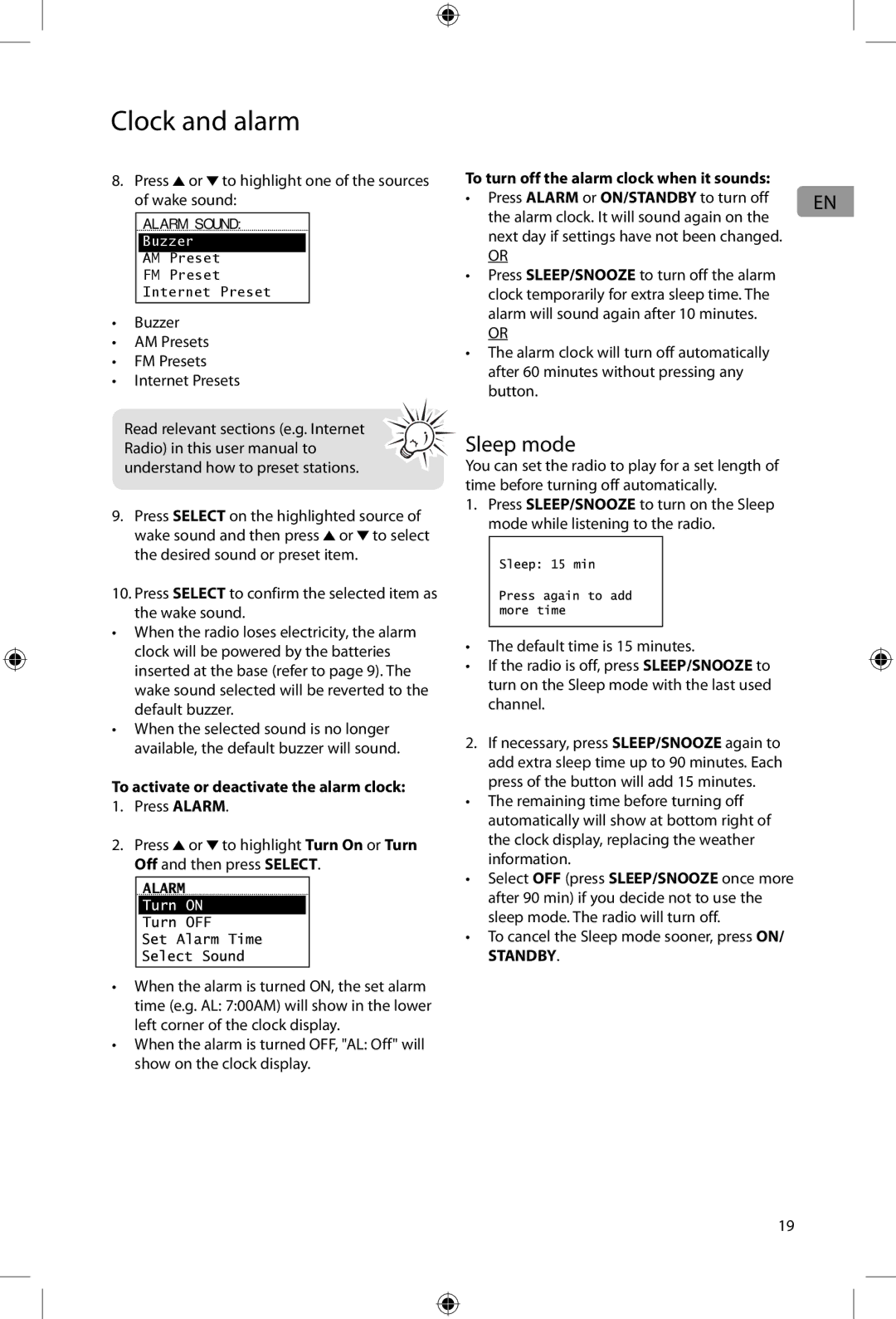 Acoustic Research ARIRC200, ARIRC205 user manual Sleep mode, Press or to highlight one of the sources of wake sound 