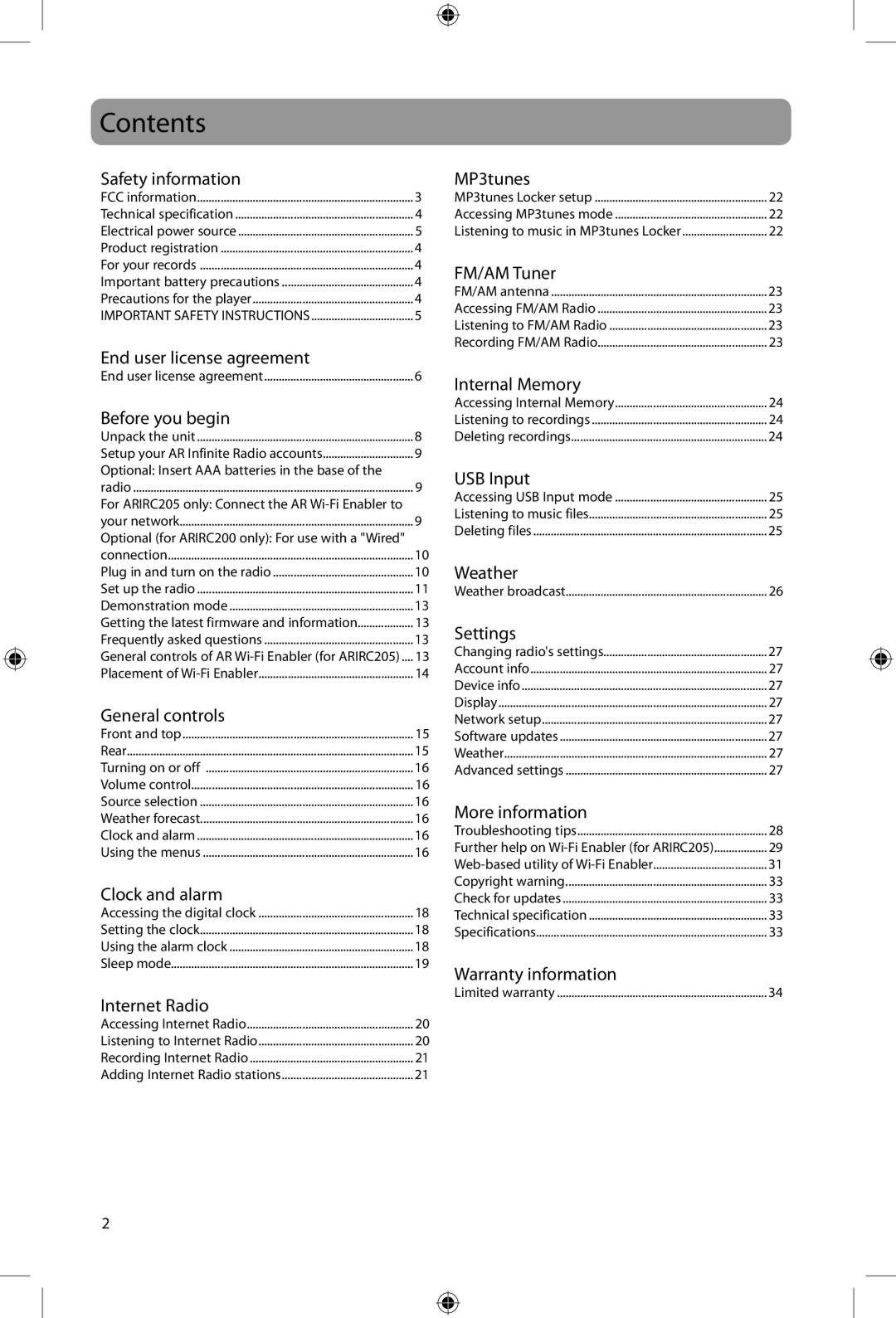 Acoustic Research ARIRC205, ARIRC200 user manual Contents 