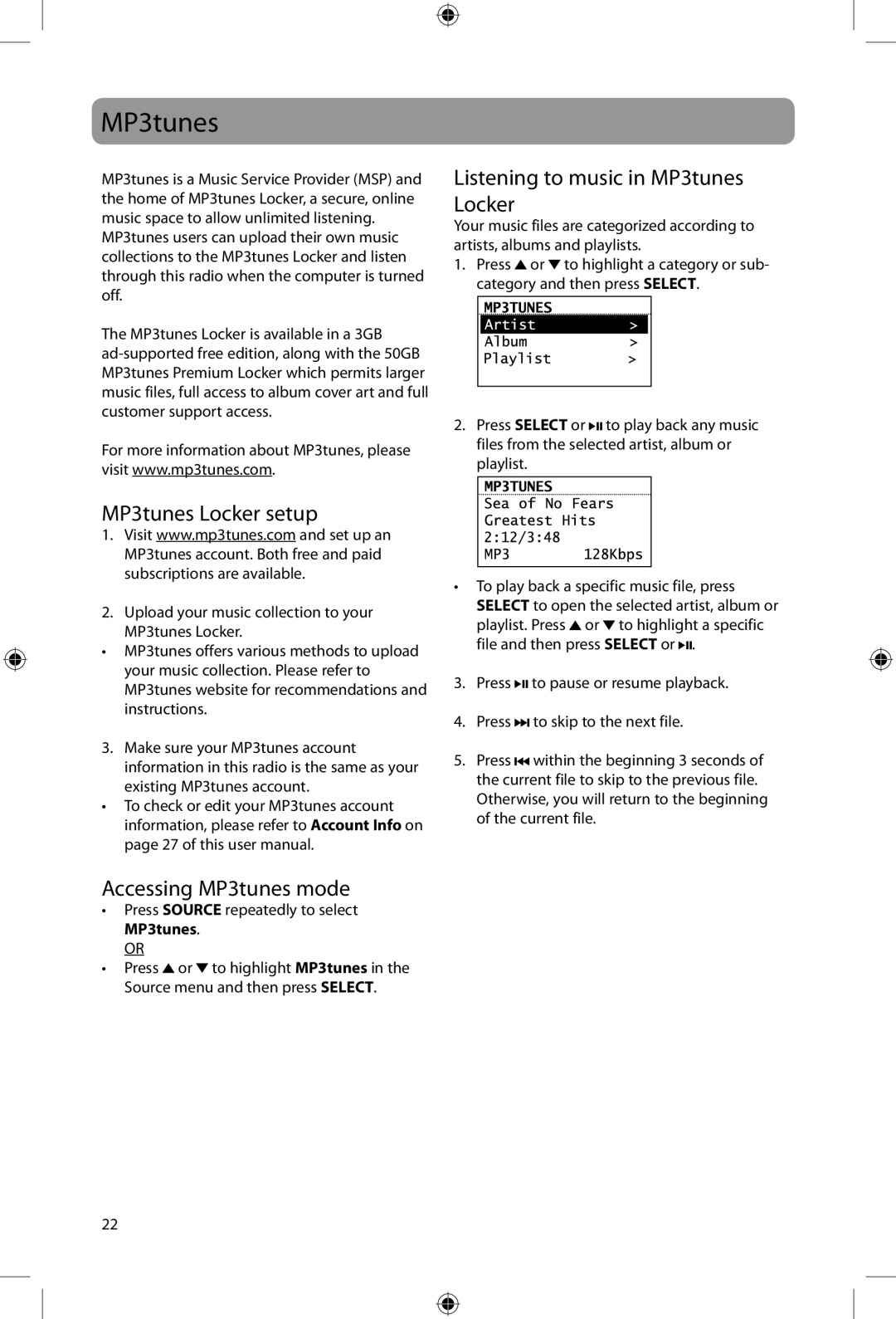 Acoustic Research ARIRC205 Listening to music in MP3tunes Locker, MP3tunes Locker setup, Accessing MP3tunes mode 