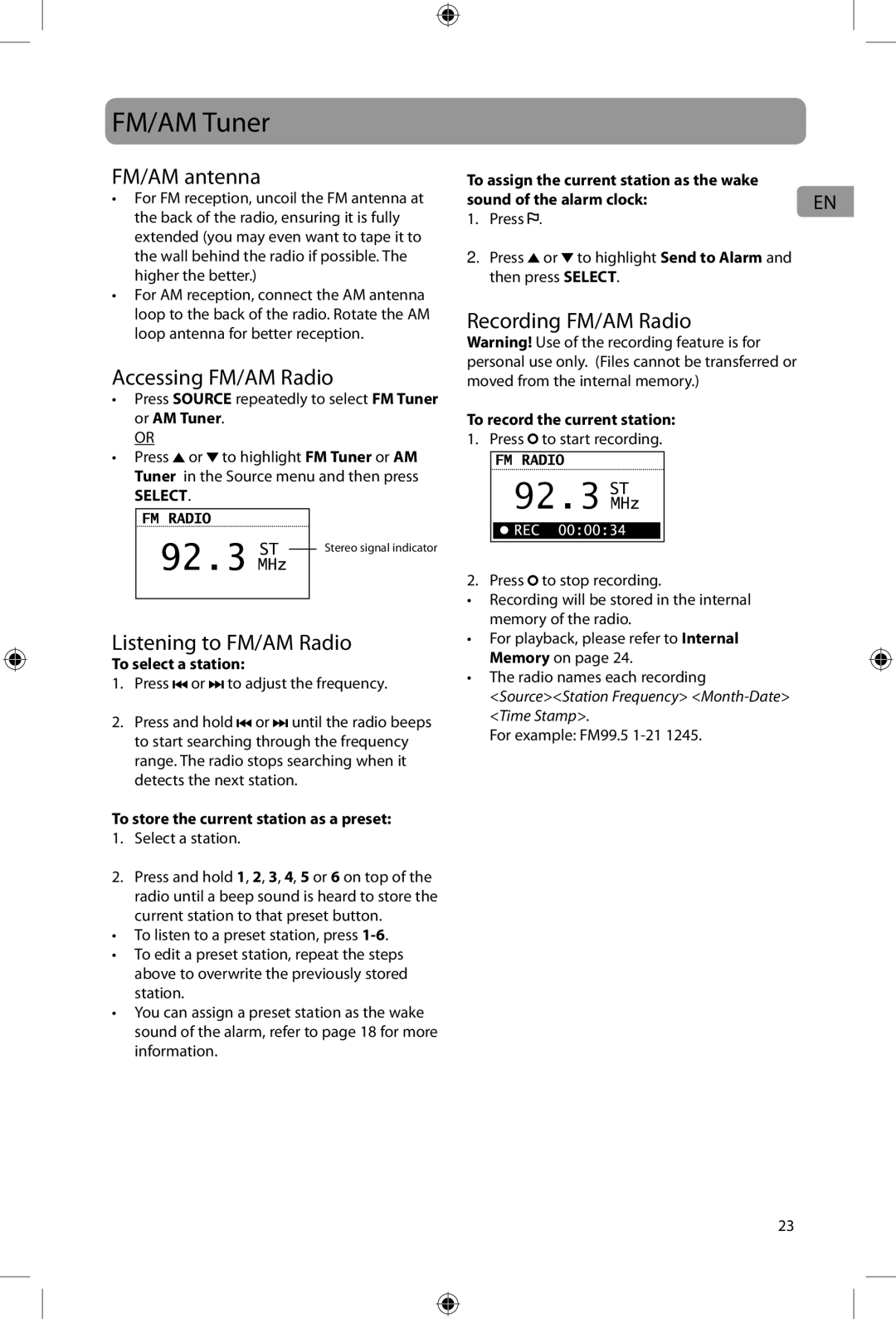 Acoustic Research ARIRC200, ARIRC205 user manual FM/AM Tuner, FM/AM antenna, Accessing FM/AM Radio, Recording FM/AM Radio 