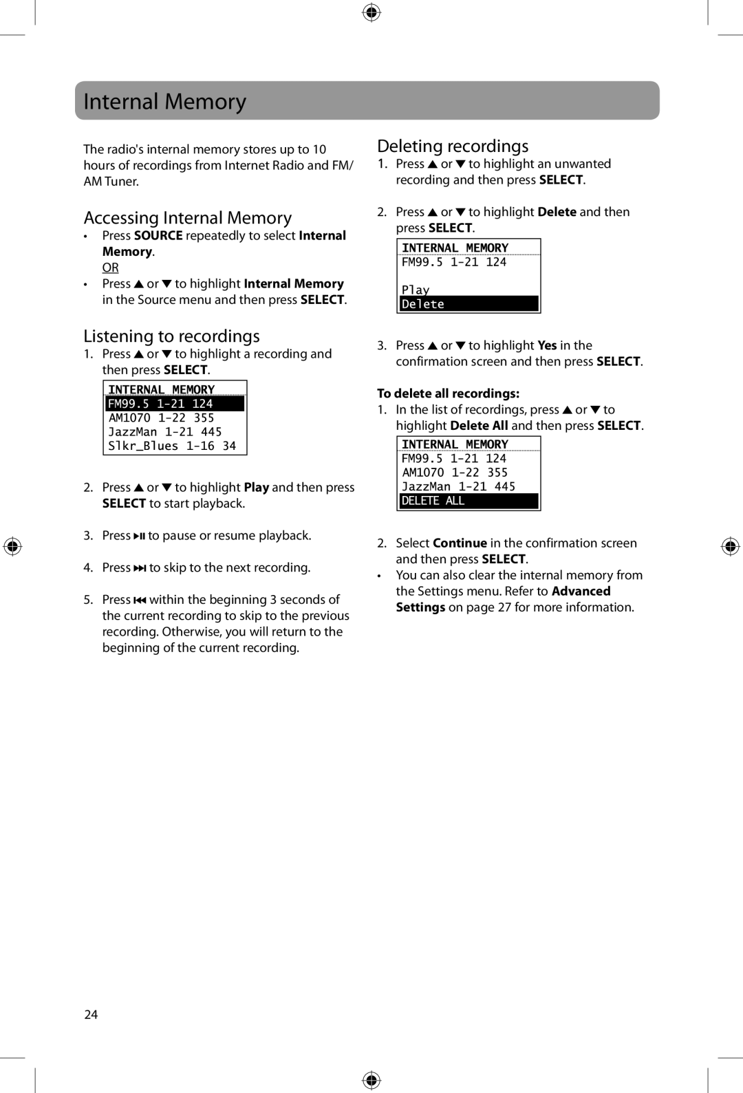 Acoustic Research ARIRC205, ARIRC200 user manual Accessing Internal Memory, Deleting recordings, Listening to recordings 