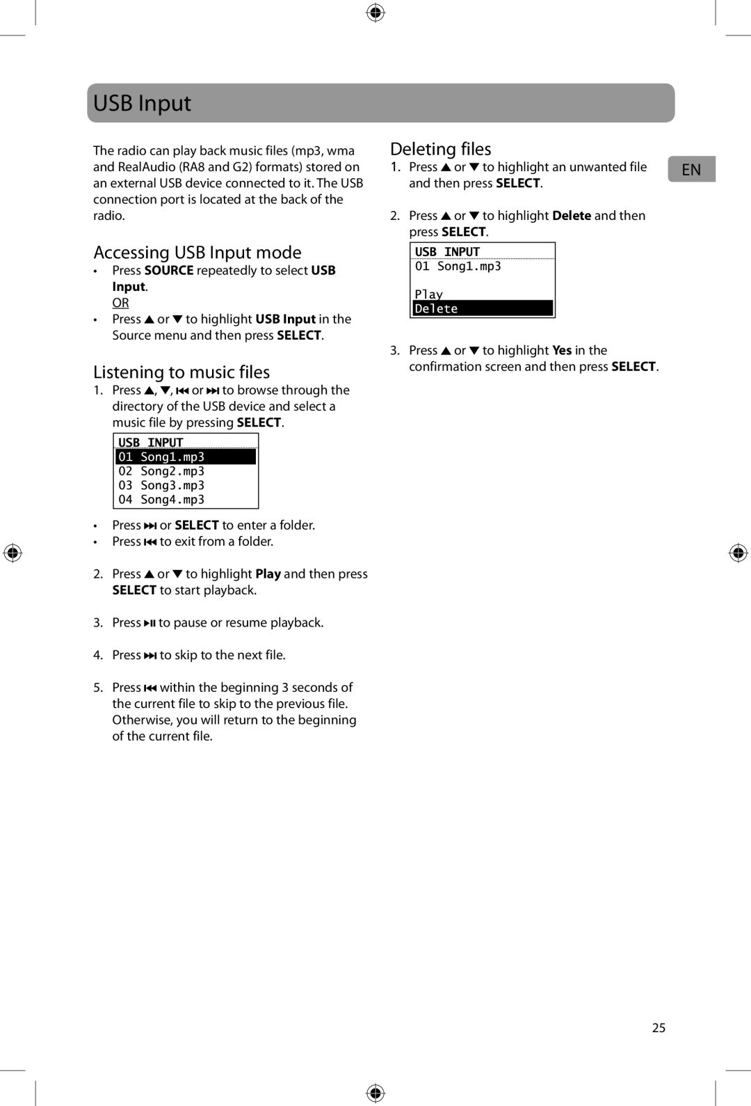 Acoustic Research ARIRC200, ARIRC205 user manual Accessing USB Input mode, Listening to music files, Deleting files 