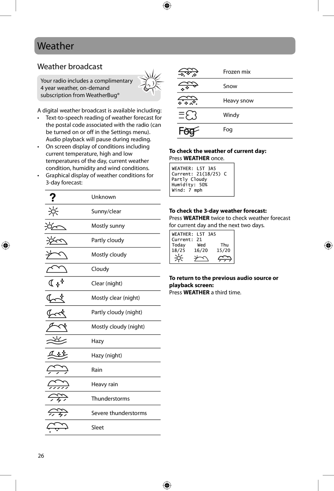 Acoustic Research ARIRC205, ARIRC200 user manual Weather broadcast, To check the 3-day weather forecast 