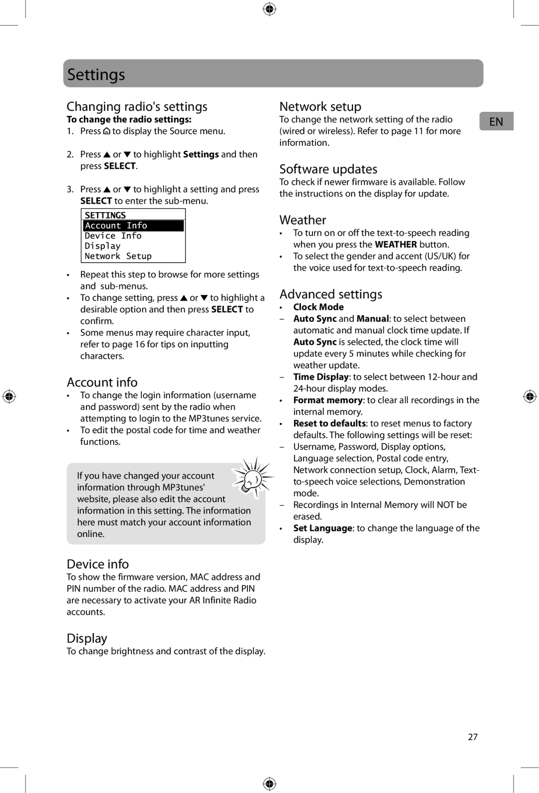 Acoustic Research ARIRC200, ARIRC205 user manual Settings 