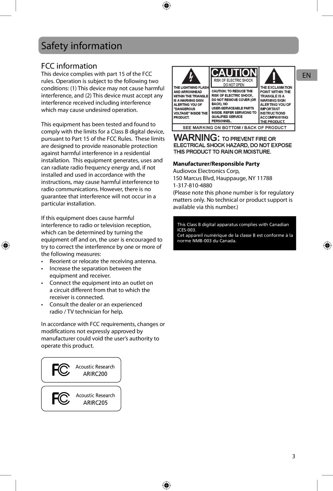 Acoustic Research ARIRC200, ARIRC205 user manual Safety information, FCC information, Manufacturer/Responsible Party 