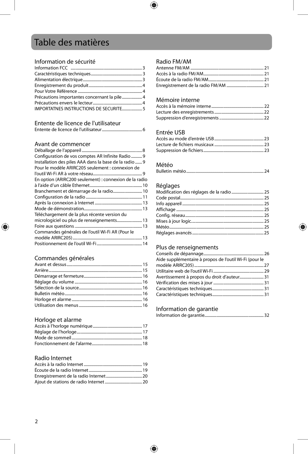 Acoustic Research ARIRC200, ARIRC205 user manual Table des matières, Information de sécurité 