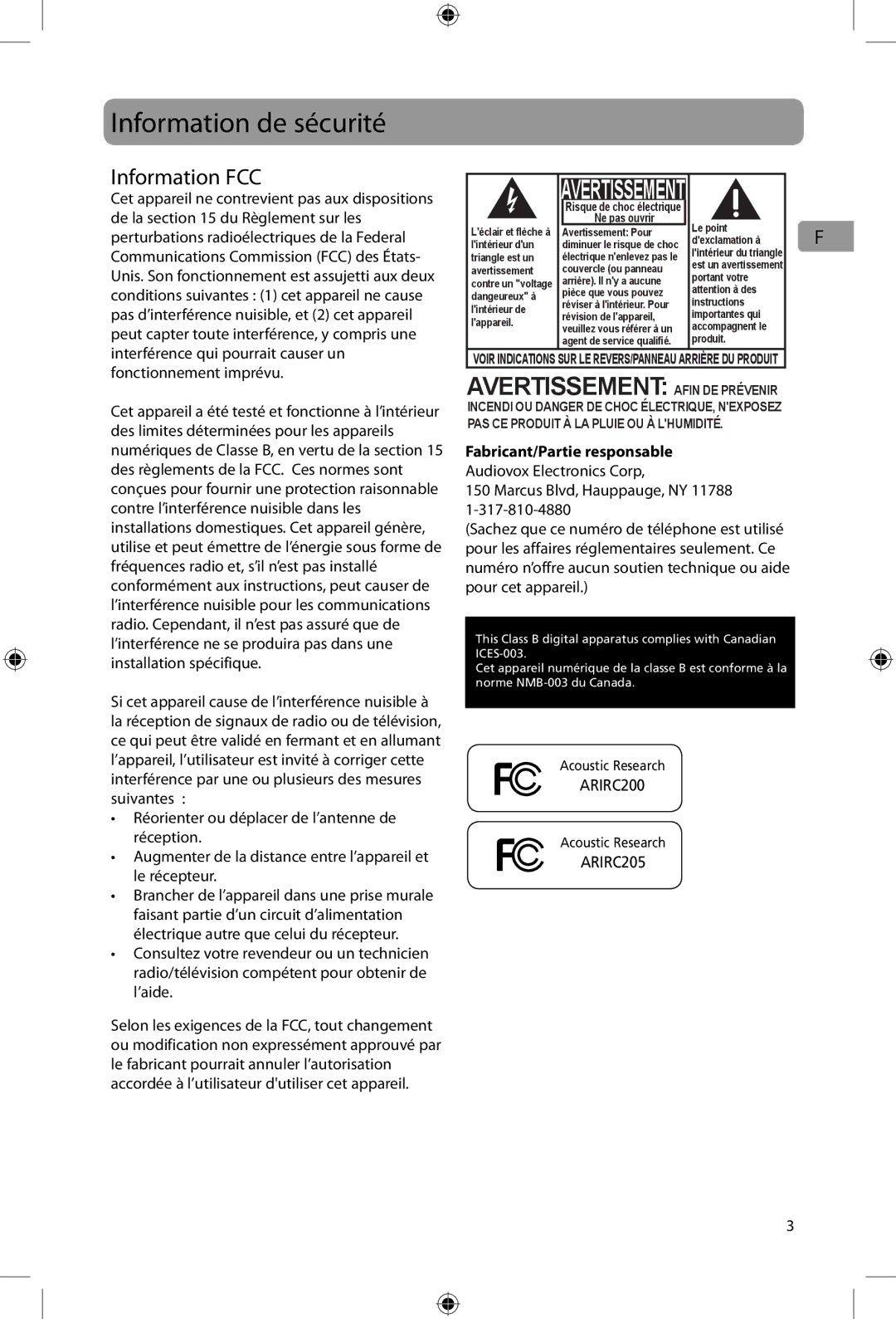 Acoustic Research ARIRC205, ARIRC200 user manual Information de sécurité, Information FCC, Fabricant/Partie responsable 