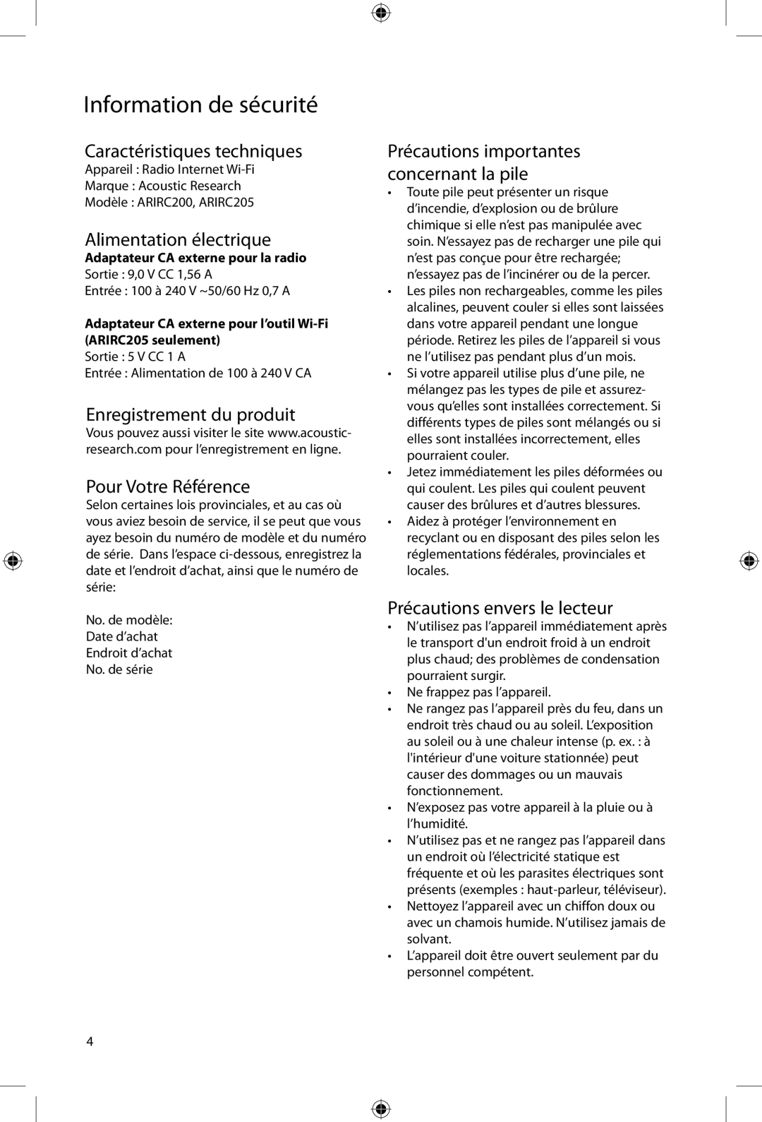 Acoustic Research ARIRC200, ARIRC205 Caractéristiques techniques, Alimentation électrique, Précautions envers le lecteur 