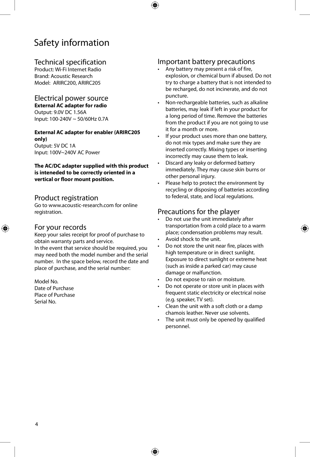 Acoustic Research ARIRC205 Technical specification, Electrical power source, Product registration For your records 