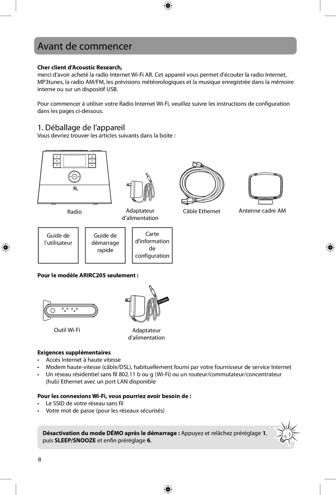 Acoustic Research ARIRC200, ARIRC205 user manual Avant de commencer, Déballage de l’appareil 