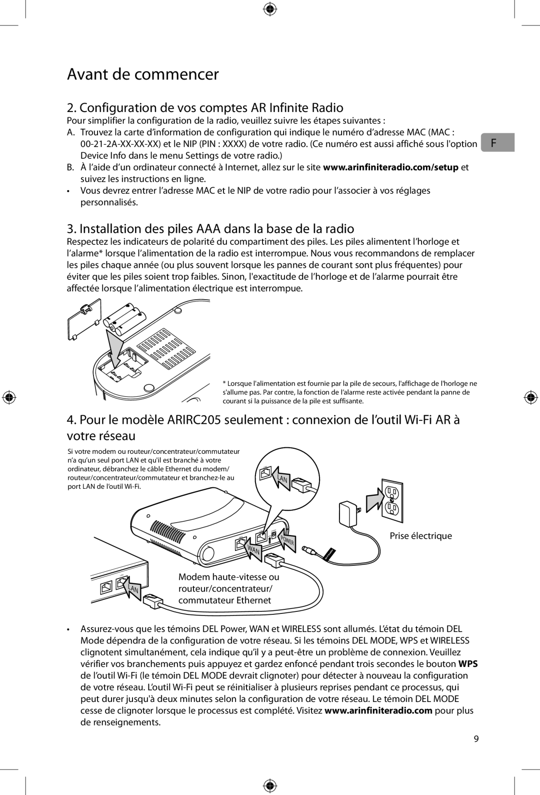 Acoustic Research ARIRC205, ARIRC200 user manual Configuration de vos comptes AR Infinite Radio, Prise électrique 