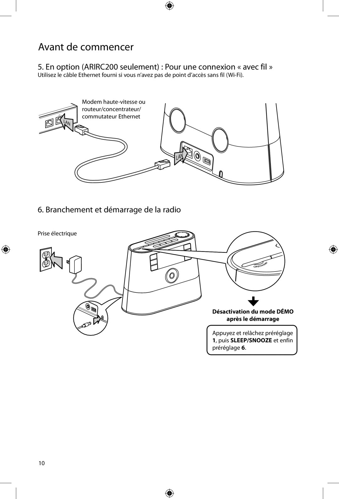 Acoustic Research ARIRC200, ARIRC205 Branchement et démarrage de la radio, Désactivation du mode Démo Après le démarrage 