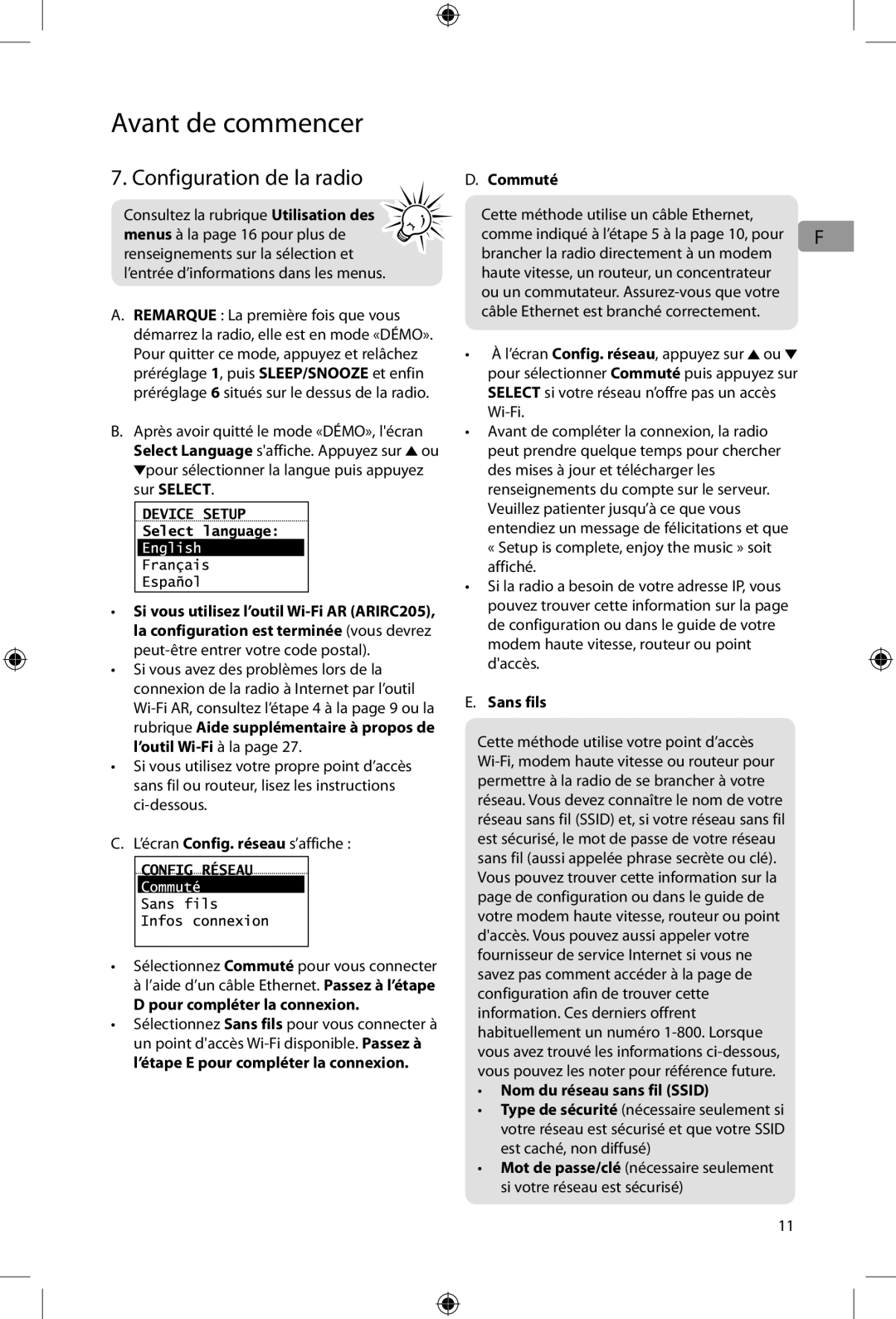 Acoustic Research ARIRC205, ARIRC200 user manual Configuration de la radio, Pour compléter la connexion, Commuté, Sans fils 