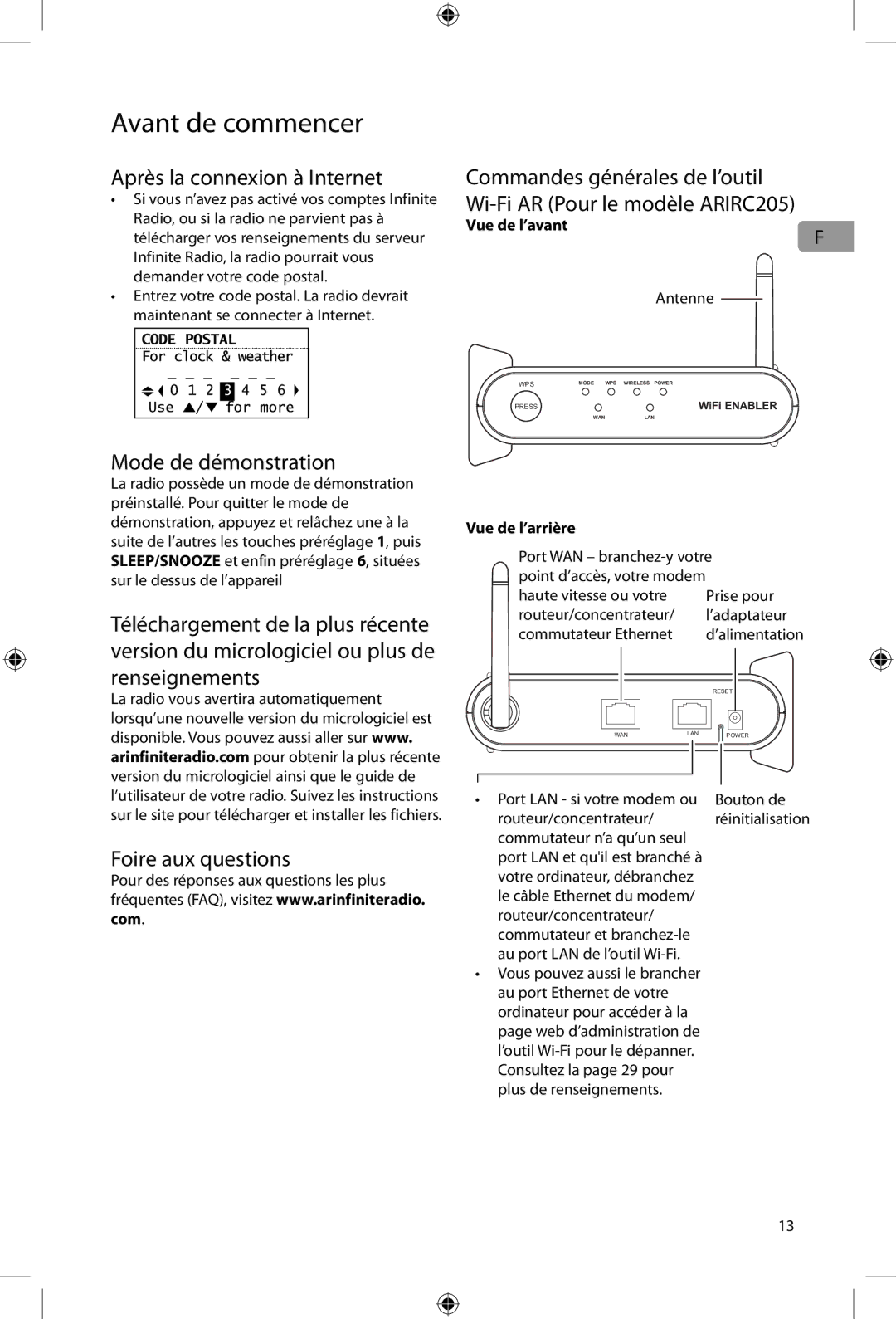 Acoustic Research ARIRC205 Après la connexion à Internet, Mode de démonstration, Vue de l’avant, Antenne, Vue de l’arrière 