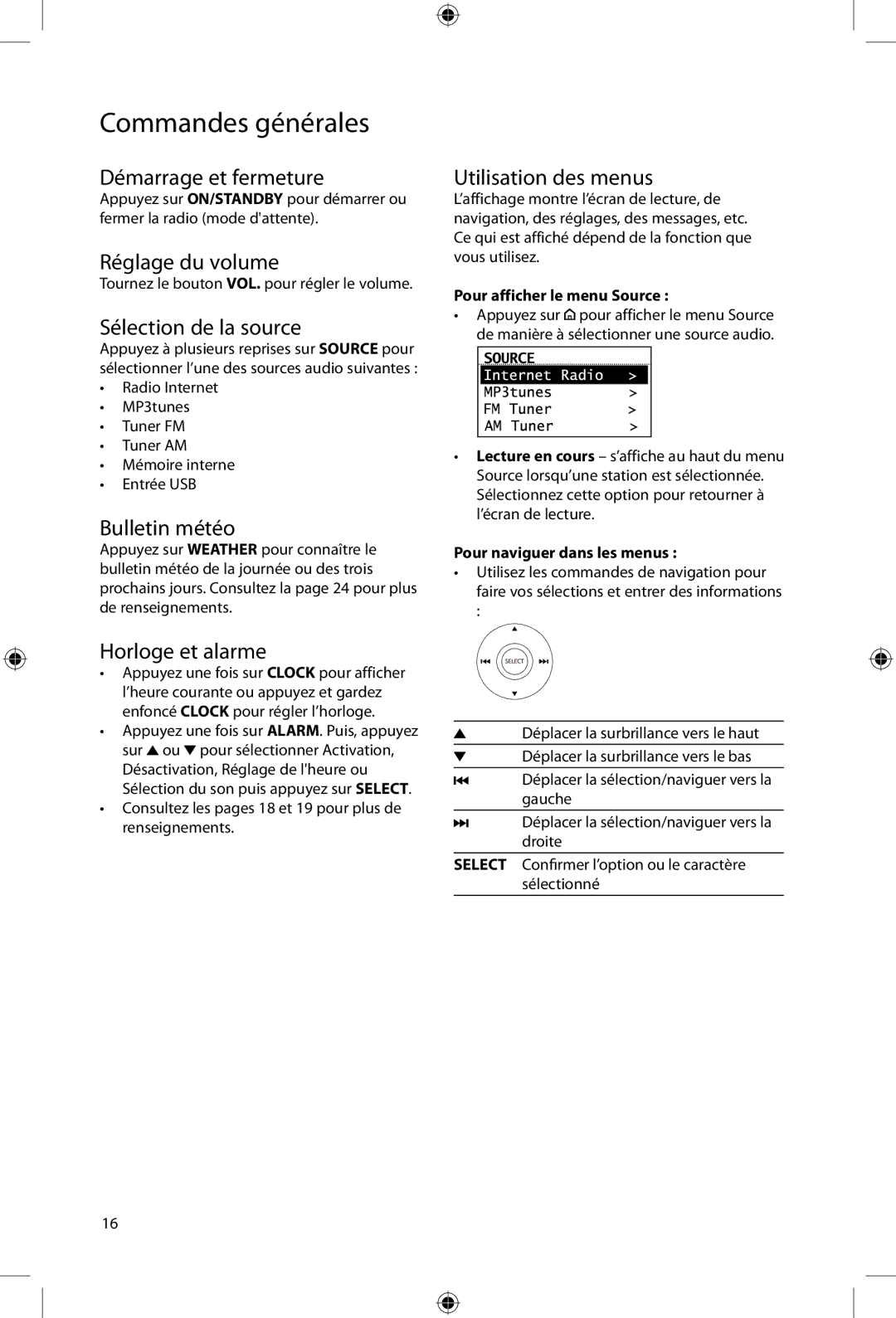 Acoustic Research ARIRC200, ARIRC205 Démarrage et fermeture, Réglage du volume, Sélection de la source, Bulletin météo 