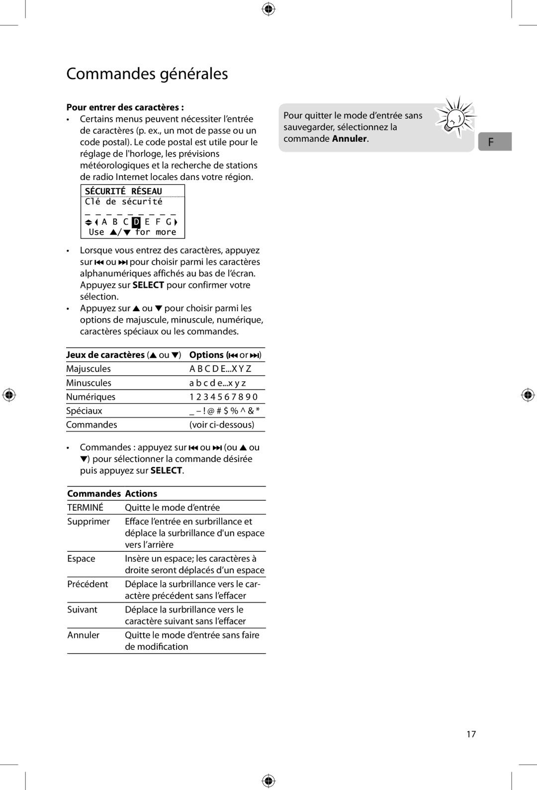 Acoustic Research ARIRC205, ARIRC200 user manual Pour entrer des caractères, Ou Options 