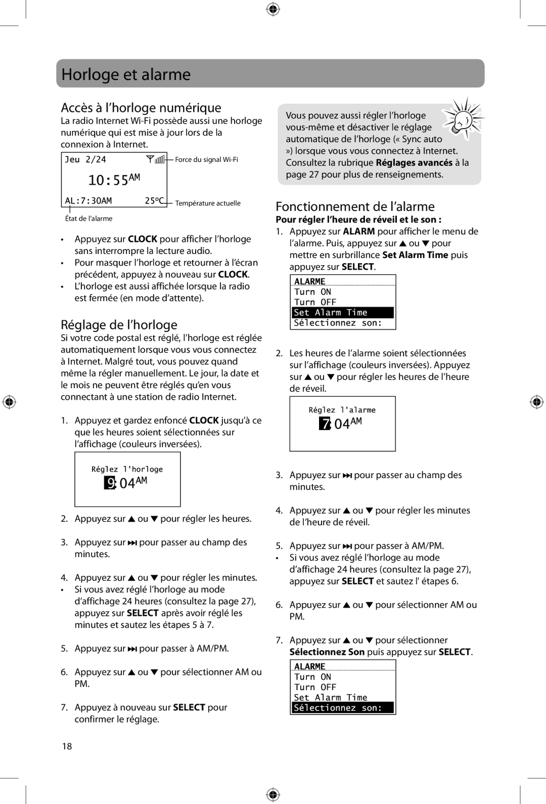 Acoustic Research ARIRC200, ARIRC205 user manual Horloge et alarme, Accès à l’horloge numérique, Fonctionnement de l’alarme 