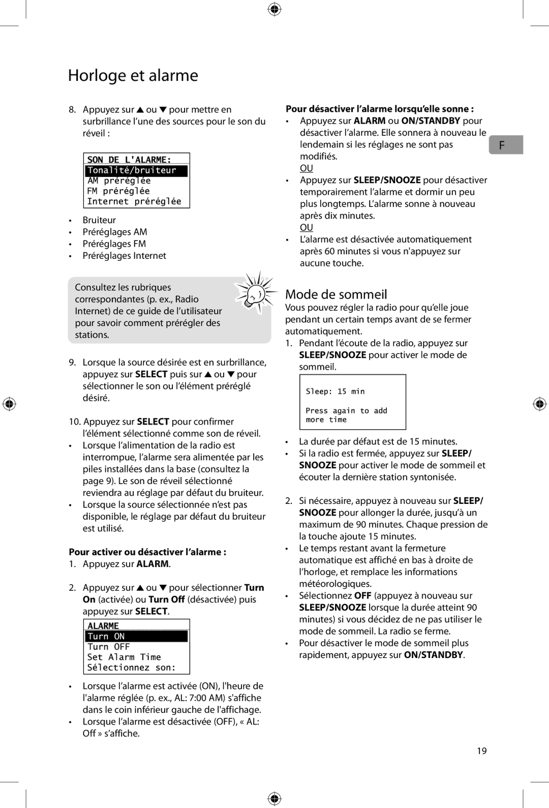 Acoustic Research ARIRC205, ARIRC200 user manual Mode de sommeil, Pour désactiver l’alarme lorsqu’elle sonne 