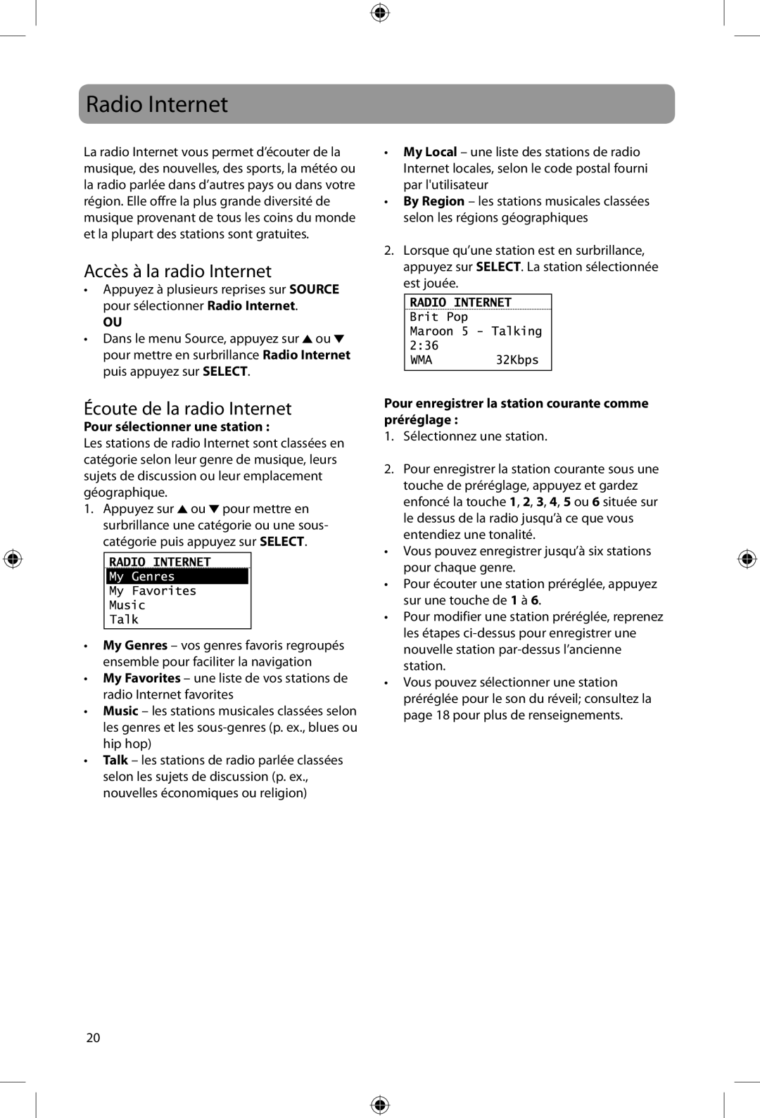 Acoustic Research ARIRC200, ARIRC205 user manual Radio Internet, Accès à la radio Internet, Écoute de la radio Internet 