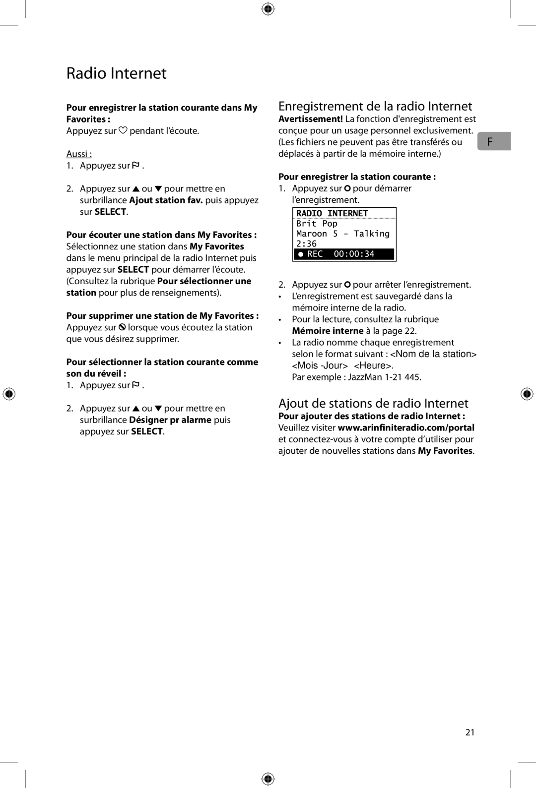 Acoustic Research ARIRC205, ARIRC200 user manual Enregistrement de la radio Internet, Ajout de stations de radio Internet 