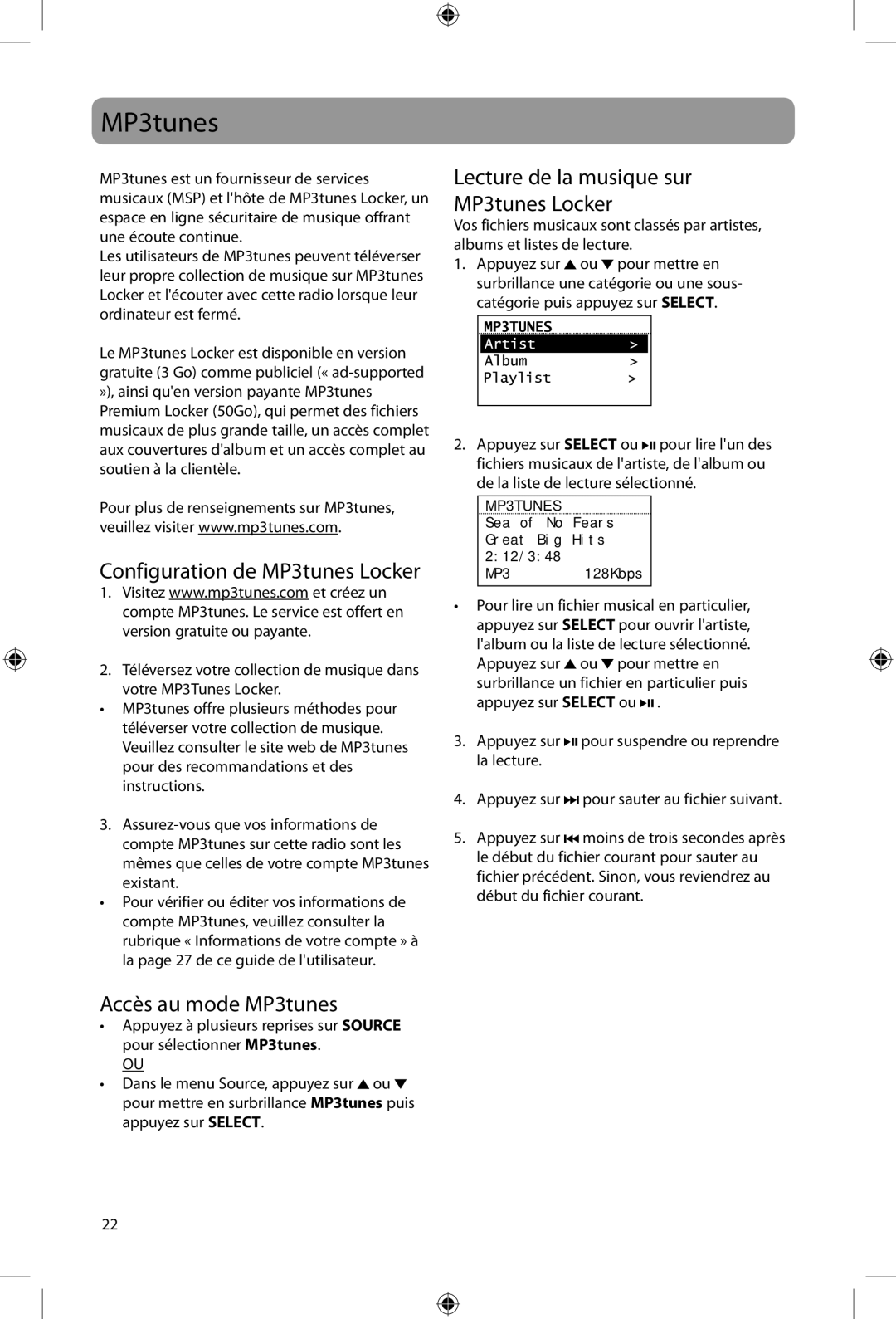 Acoustic Research ARIRC200, ARIRC205 user manual Configuration de MP3tunes Locker, Accès au mode MP3tunes, Existant 