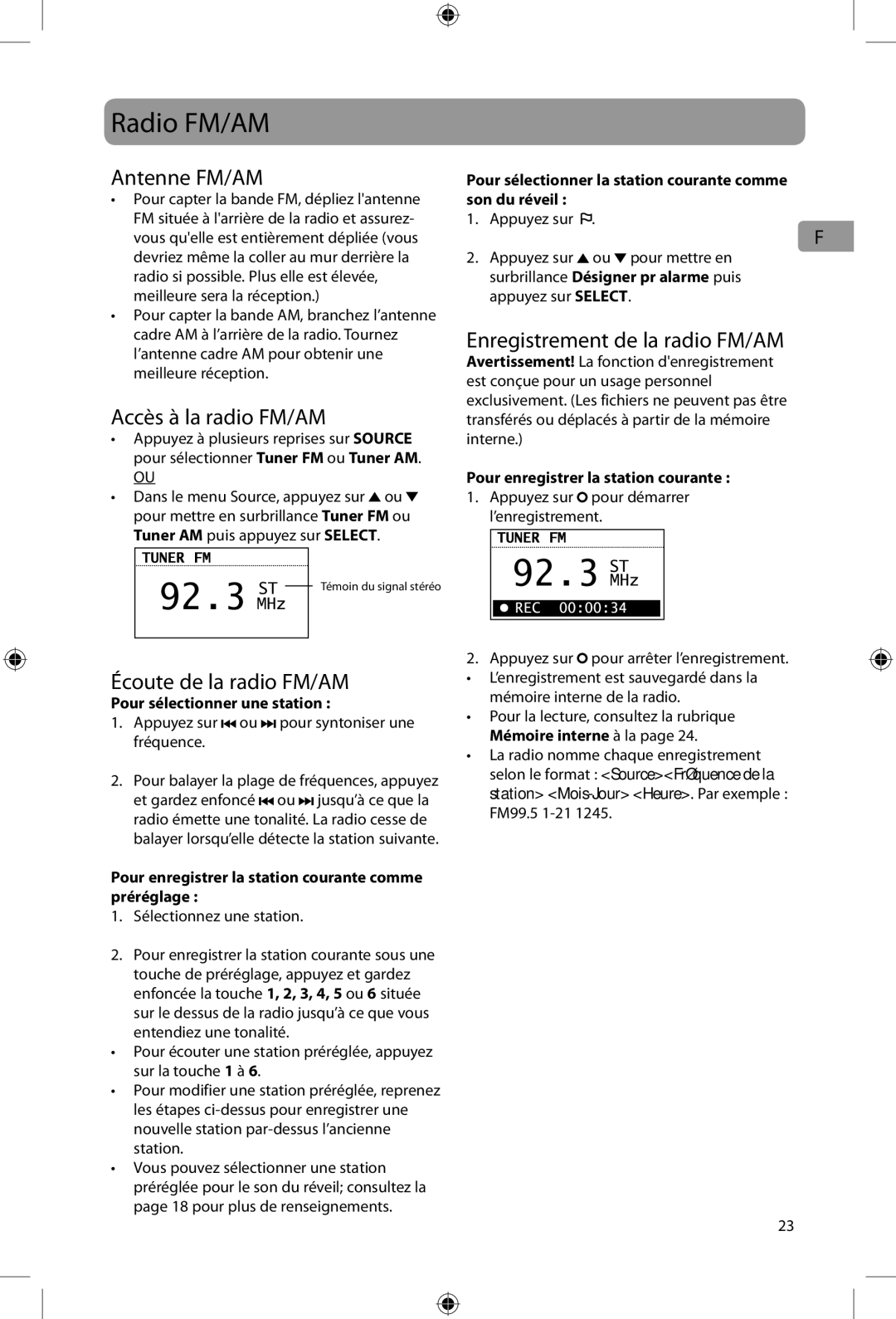 Acoustic Research ARIRC205, ARIRC200 Radio FM/AM, Antenne FM/AM, Accès à la radio FM/AM, Enregistrement de la radio FM/AM 