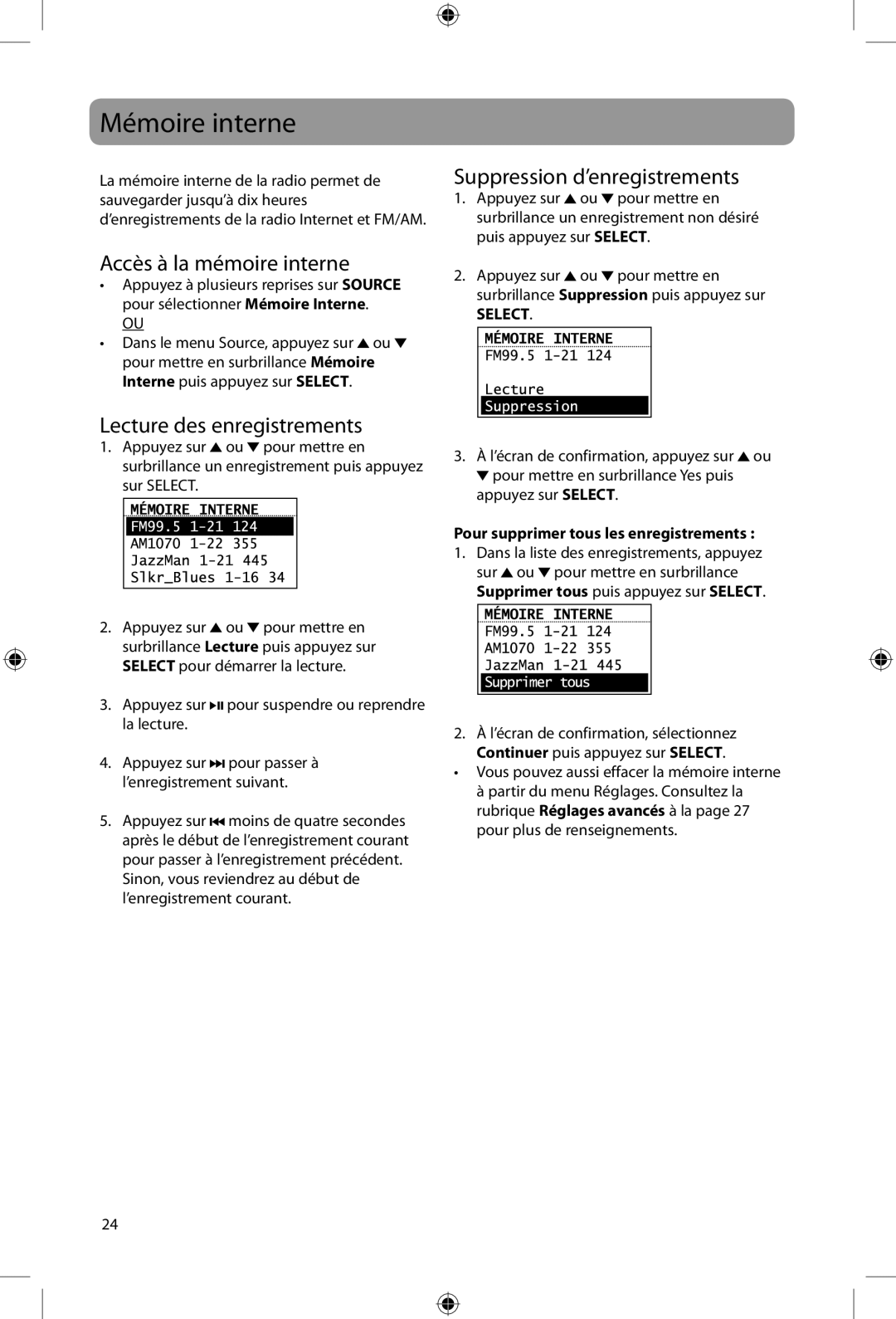 Acoustic Research ARIRC200, ARIRC205 user manual Mémoire interne, Accès à la mémoire interne, Suppression d’enregistrements 