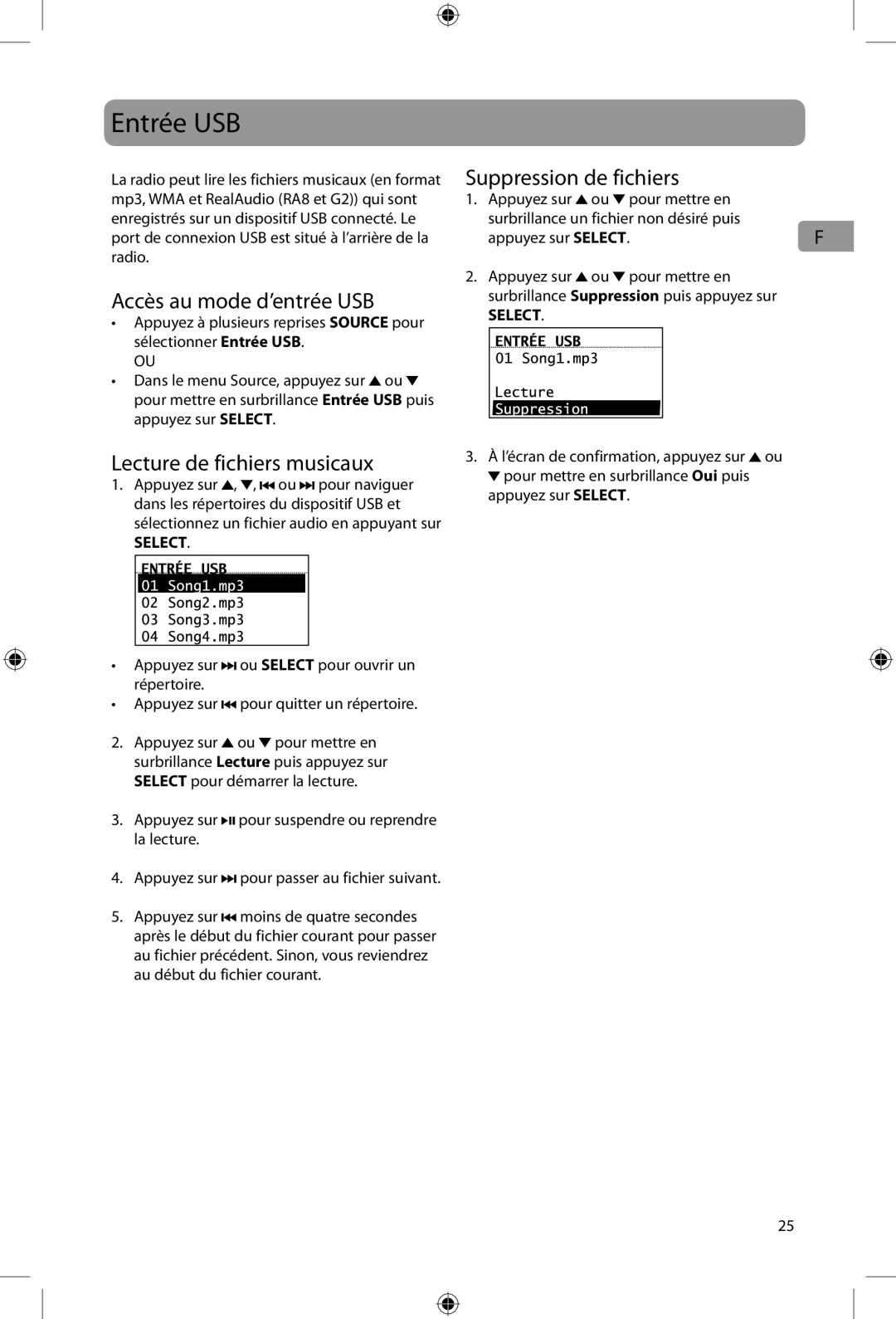 Acoustic Research ARIRC205 Entrée USB, Accès au mode d’entrée USB, Suppression de fichiers, Lecture de fichiers musicaux 