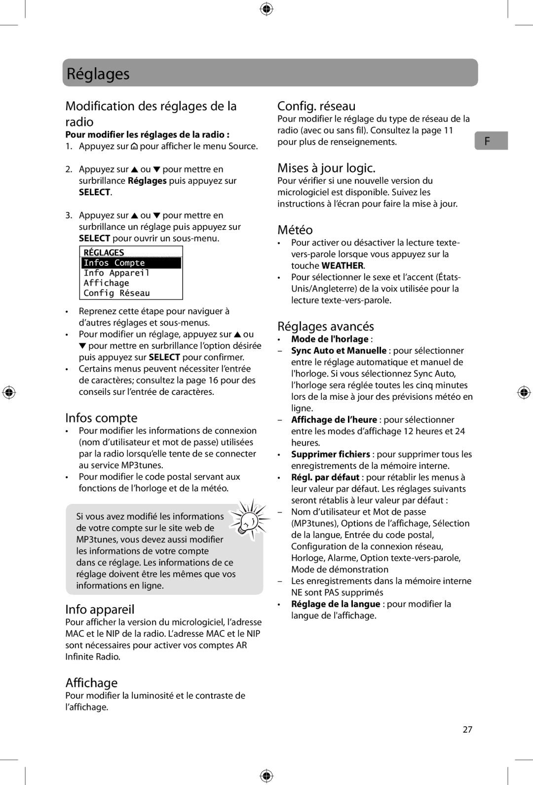 Acoustic Research ARIRC205, ARIRC200 user manual Réglages 