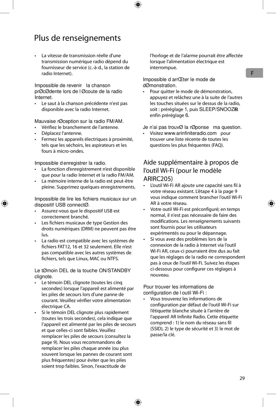 Acoustic Research ARIRC205, ARIRC200 user manual Mauvaise réception sur la radio FM/AM, Impossible d’enregistrer la radio 