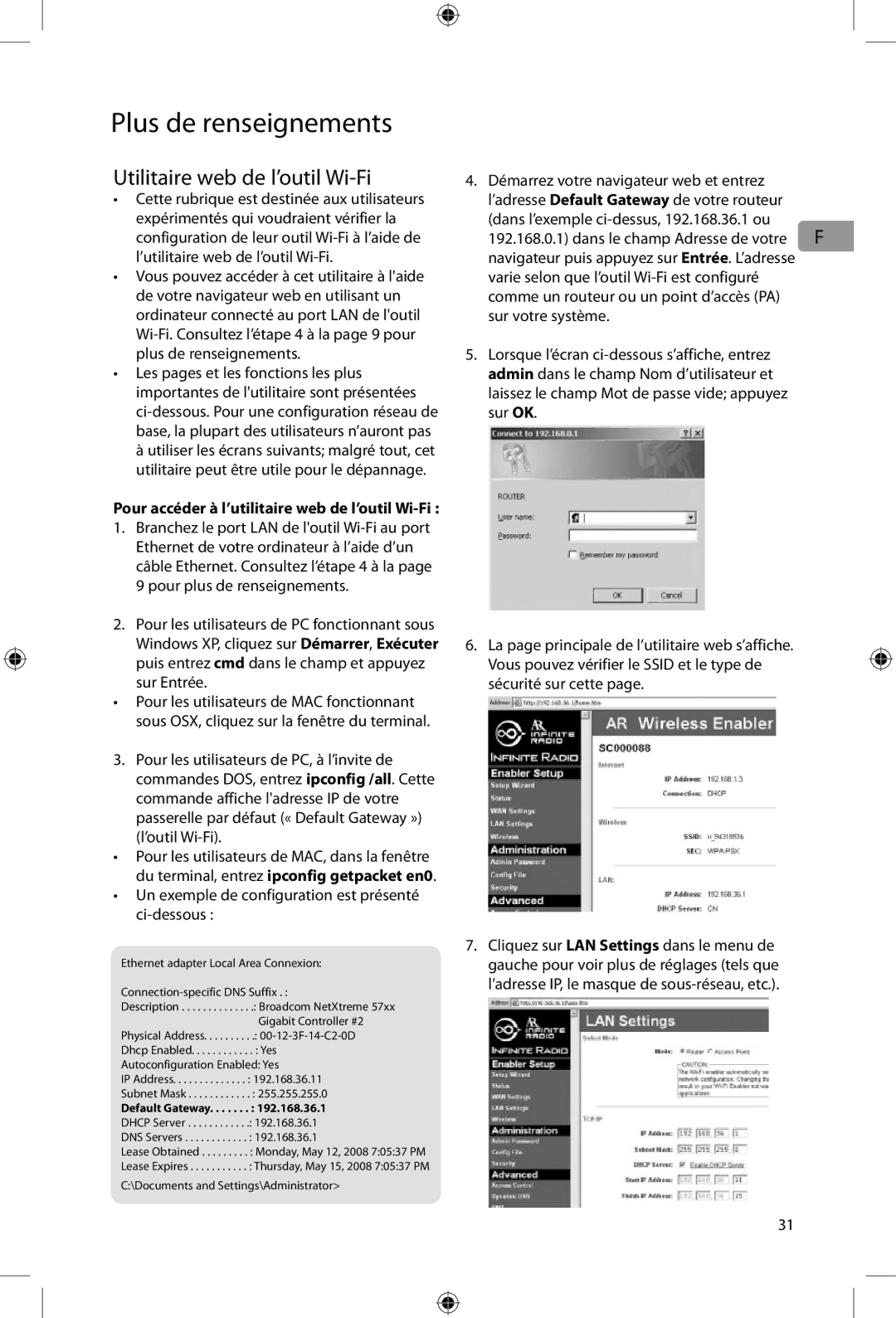 Acoustic Research ARIRC205 Utilitaire web de l’outil Wi-Fi, Passerelle par défaut « Default Gateway » l’outil Wi-Fi 