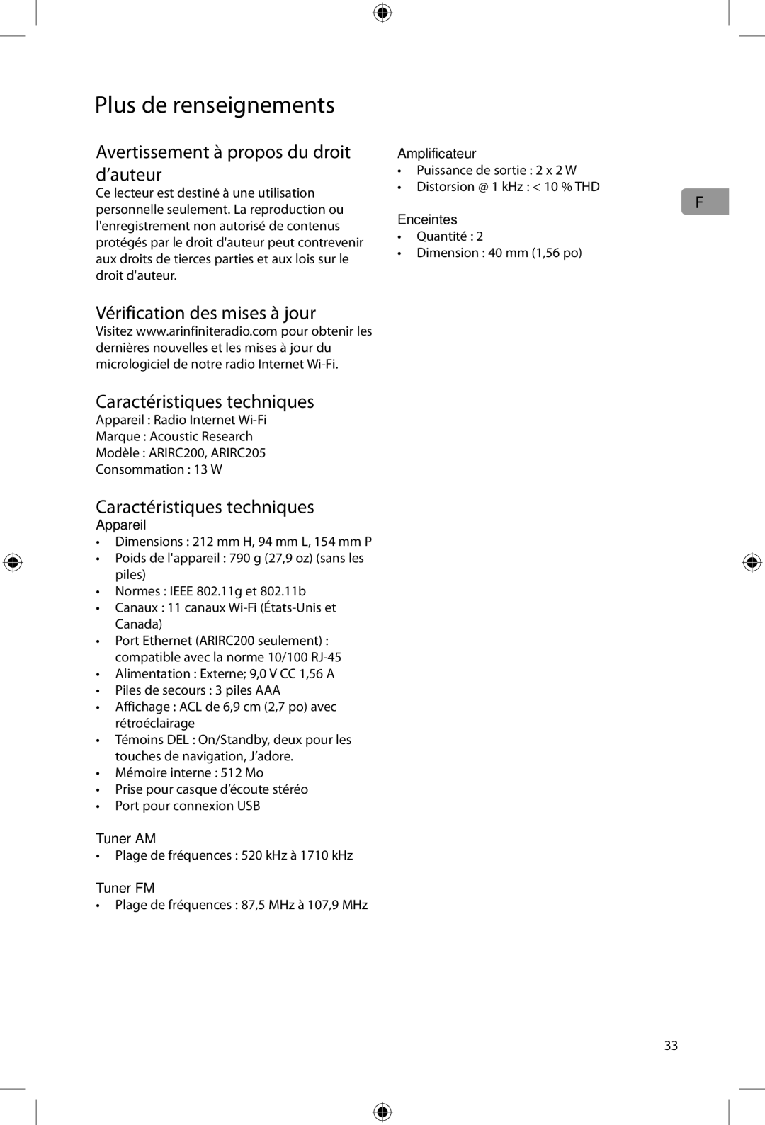 Acoustic Research ARIRC205, ARIRC200 user manual Avertissement à propos du droit d’auteur 