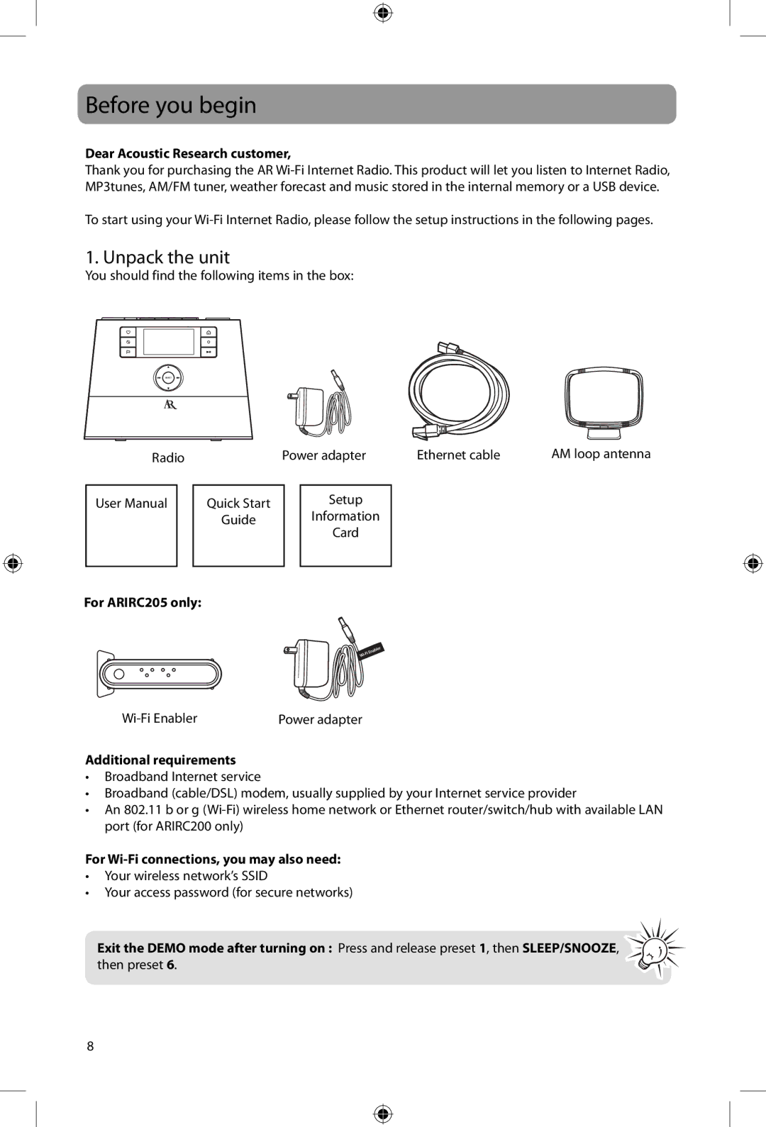 Acoustic Research ARIRC205, ARIRC200 user manual Before you begin, Unpack the unit 