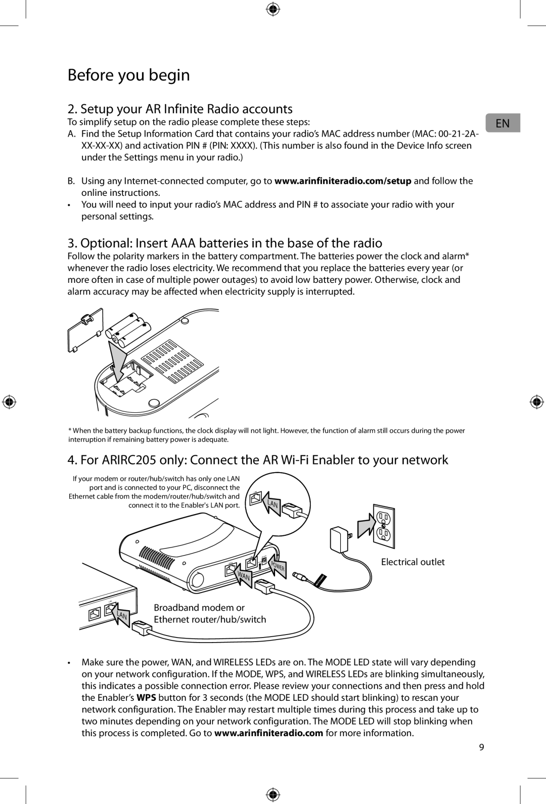 Acoustic Research ARIRC200 Setup your AR Infinite Radio accounts, Optional Insert AAA batteries in the base of the radio 