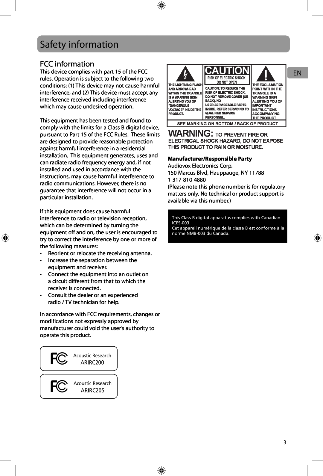 Acoustic Research ARIRC200, ARIRC205 user manual Safety information, FCC information, Manufacturer/Responsible Party 