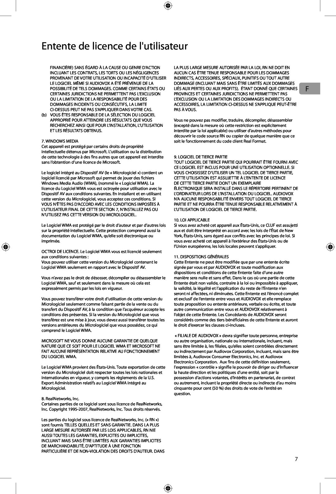 Acoustic Research ARIRC205, ARIRC200 user manual Entente de licence de lutilisateur, Windows Media 