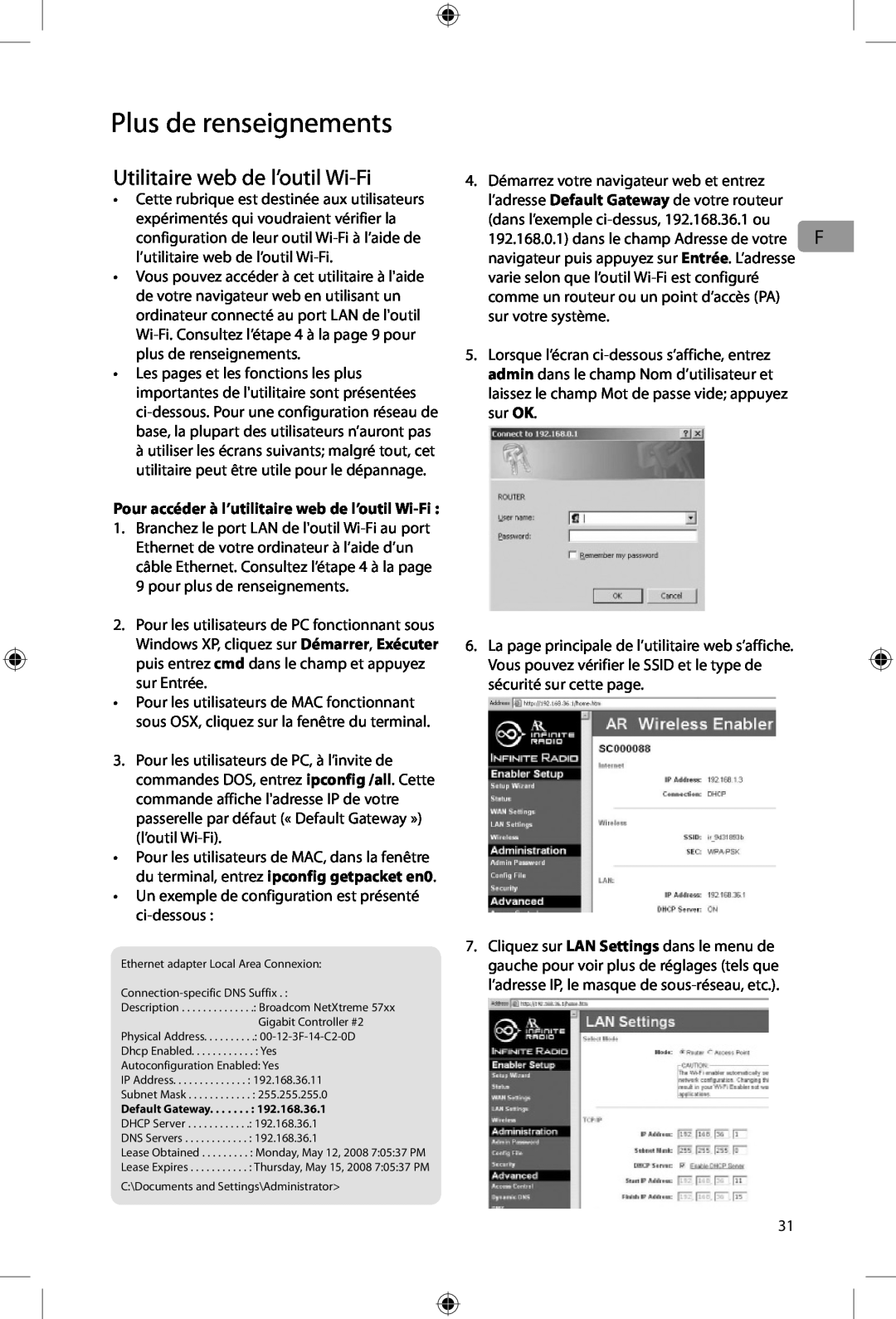 Acoustic Research ARIRC205, ARIRC200 user manual Utilitaire web de l’outil Wi-Fi, Plus de renseignements 