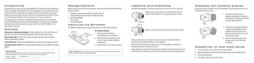 Acoustic Research ARNC01 operating instructions Introduction, Features, Package Contents, Installing the Batteries 