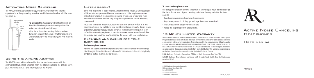 Acoustic Research ARNC01 Activating Noise Canceling, Listen Safely, Month Limited Warranty, Using the Airline Adapter 