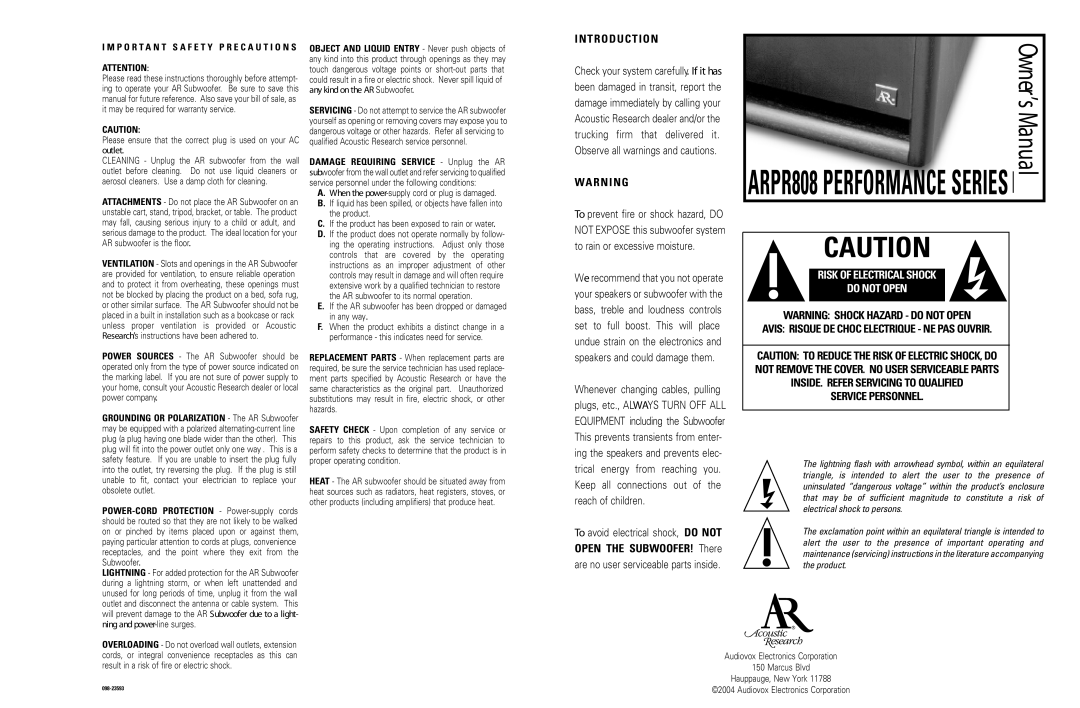 Acoustic Research ARPR808 owner manual T R O D U C T I O N, Wa R N I N G, Risk of Electrical Shock Do not Open, Outlet 