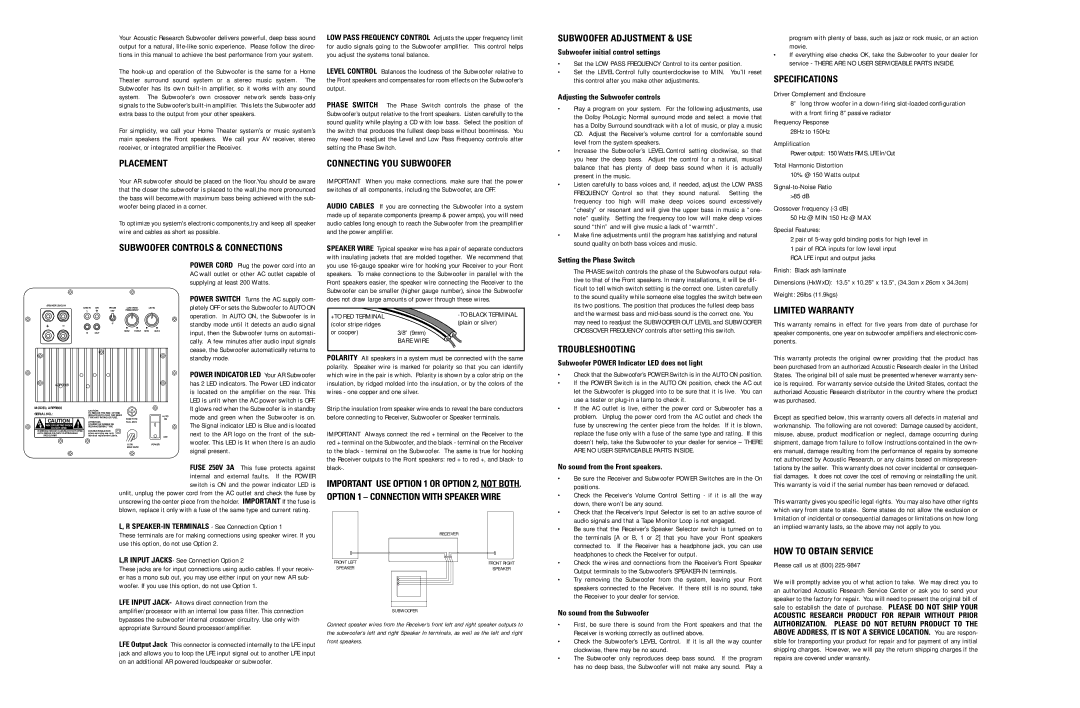 Acoustic Research ARPR808 Subwoofer Adjustment & USE, Specifications, Placement, Subwoofer Controls & Connections 