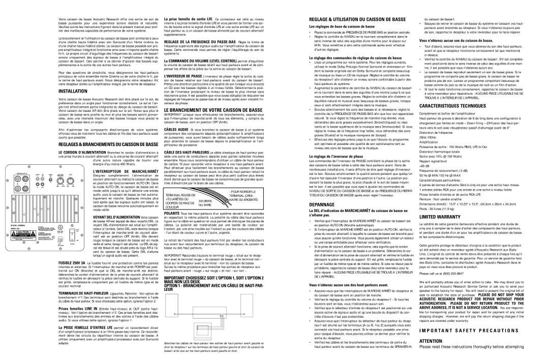 Acoustic Research ARPR808 Installation, LE Branchement DE Votre Caisson DE Basse, Caracteristiques Techniques, Depannage 