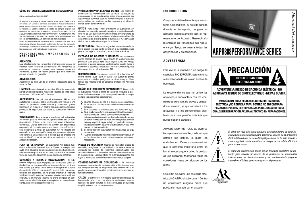 Acoustic Research ARPR808 T R O D U C C I Ó N, V E R T E N C I a, Riesgo DE Sacudida Eléctrica no Abrir, Advertencia 